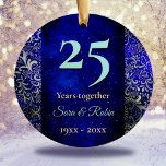 Ornamento De Cerâmica Dia de Natal do aniversário da floração azul real<br><div class="desc">Elegante monograma floral de prata azul real monograma de Natal Aniversário de Casamento Cerâmica. Sparkly, na moda e belo e elegante presente barato para casais celebrando seu casamento. É uma elegante marca de aniversário de casamento que pode ser personalizada com sua informação especial de aniversário. Ps: não há brilho real...</div>