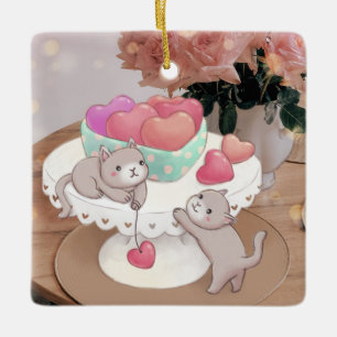 Ornamento De Cerâmica Dia de os namorados: Gatos, Cookies Cardíacos E Fl