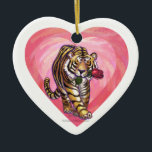 Ornamento De Cerâmica Dia de os namorados Tiger<br><div class="desc">Parada Animal O Tigre Romântico Personalizado Dons e Acessórios para o Dia do Amor e do Coração apresenta nosso trabalho de arte divertido de um tigre giro segurando um rosa bonito na boca com corações roxos, vermelhos e cor-de-rosa em camadas atrás dela criado pelo nosso talentoso artista, Traci Van Wagoner....</div>