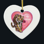 Ornamento De Cerâmica Dia de os namorados Tiger<br><div class="desc">Parada Animal O Tigre Romântico Personalizado Dons e Acessórios para o Dia do Amor e do Coração apresenta nosso trabalho de arte divertido de um tigre giro segurando um rosa bonito na boca com corações roxos, vermelhos e cor-de-rosa em camadas atrás dela criado pelo nosso talentoso artista, Traci Van Wagoner....</div>