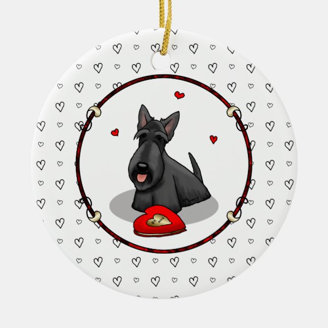 Ornamento De Cerâmica Dia de os namorados (vermelho) Scottie Dog (preto) (Frente)
