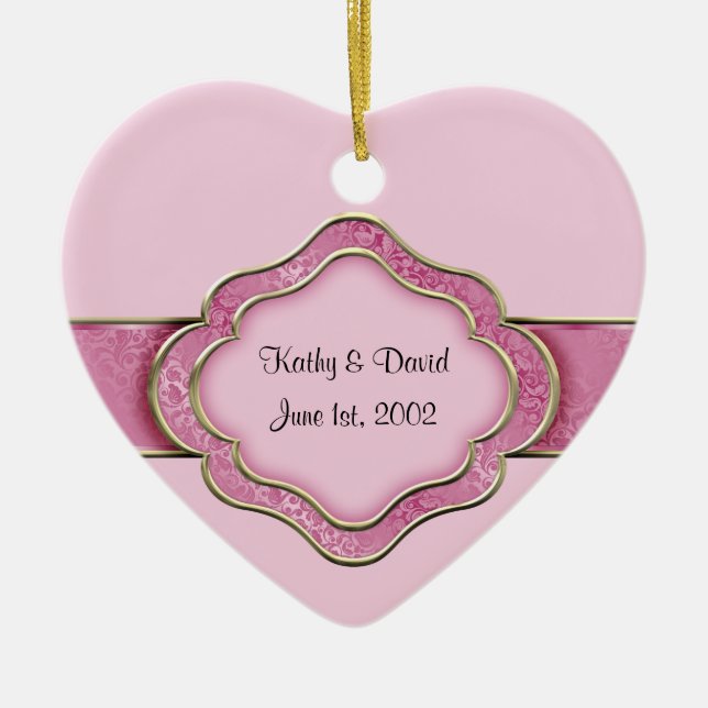 Ornamento De Cerâmica Dia do Nosso Casamento (Rosa) (Frente)