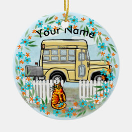 Ornamento De Cerâmica Dia do Ônibus Escolar nome personalizado