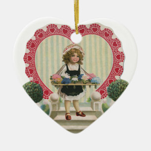 Ornamento De Cerâmica Dia dos Namorados Fofo Vintage, Menina com Flores