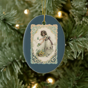 Ornamento De Cerâmica Dia dos Namorados retrô, menina vitoriana com rosa