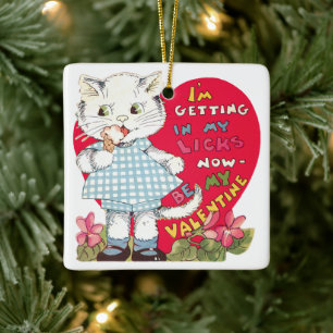 Ornamento De Cerâmica Dia dos Namorados Retro Vintage Gato Comendo Sorve