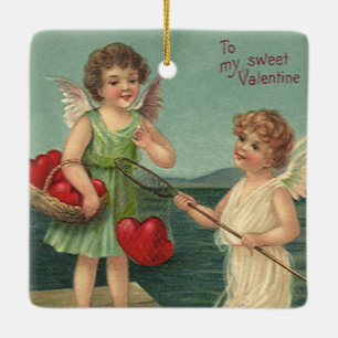 Ornamento De Cerâmica Dia dos Namorados Vintage, Anjos Pescando Corações