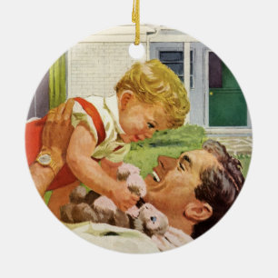 Ornamento De Cerâmica Dia dos Pais Vintage, Família Feliz nos Subúrbios