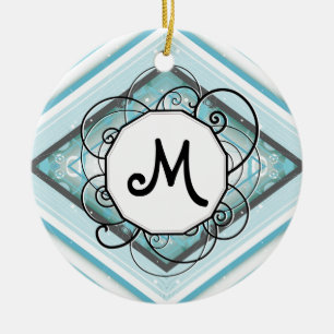Ornamento De Cerâmica Diamante de Faixa Moderna, Azul-Gelo, com Monogram