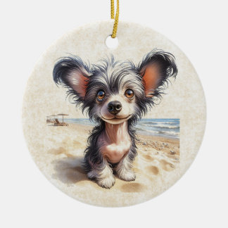 Ornamento De Cerâmica DigiPups Chineses Crested Puppy Dog Beach Ccene