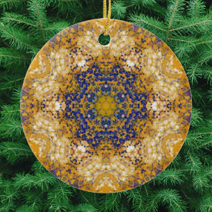 Ornamento De Cerâmica Digital Mandala Amarelo Azul e Branco