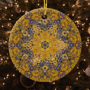 Ornamento De Cerâmica Digital Mandala Amarelo Azul e Branco