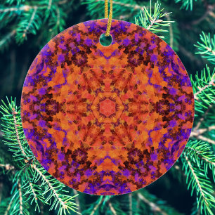Ornamento De Cerâmica Digital Mandala Laranja Azul e Roxo