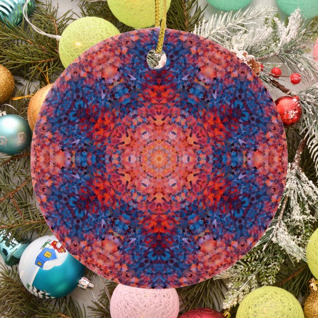 Ornamento De Cerâmica Digital Mandala Laranja Azul e Vermelho (Criador carregado)