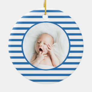 Ornamento De Cerâmica Dino Verde Primeiro Natal Blue Stripe Chic