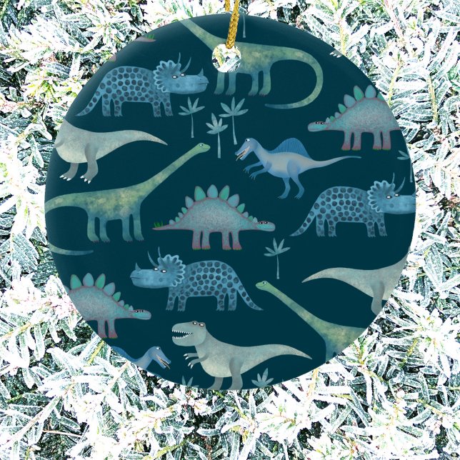 Ornamento De Cerâmica Dinossaur Cute (Fun dinosaur pattern Christmas ornament)