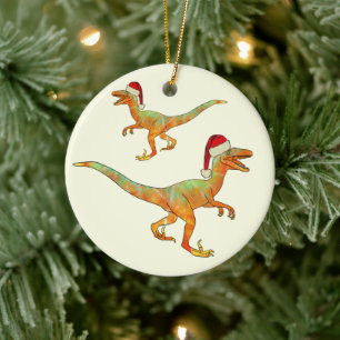 Ornamento De Cerâmica Dinossauro de Natal Velociraptor papai noel