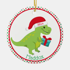 Ornamento De Cerâmica Dinossauro Verde com Santa Hat Personalizado
