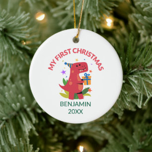 Ornamento De Cerâmica Dinossauro Vermelho Primeiro Natal