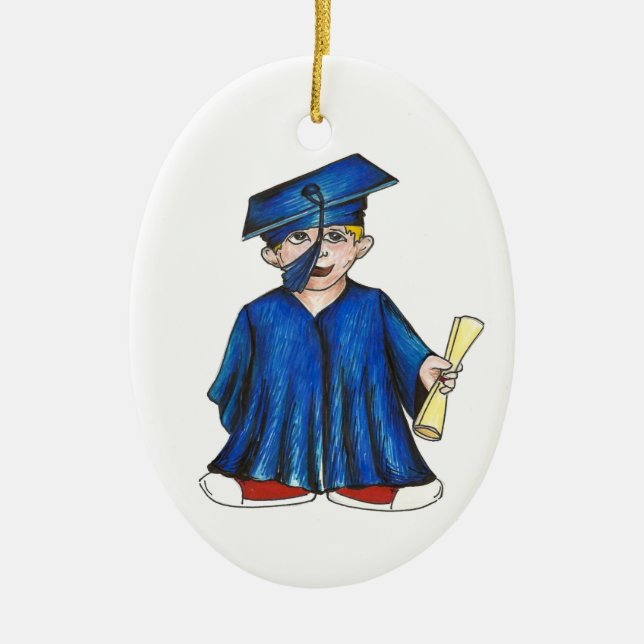 Ornamento De Cerâmica Diploma de Boné Azul e Graduação Escolar (Frente)
