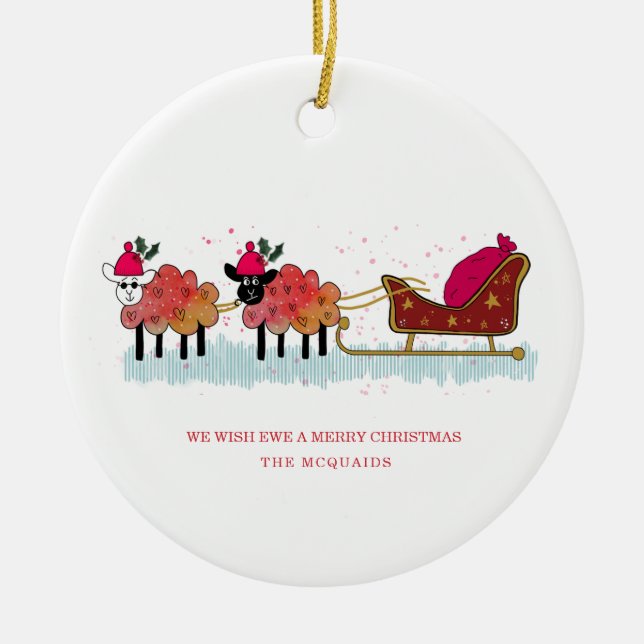 Ornamento De Cerâmica Diversão 2 ovelhas puxando santas sleigh (Frente)