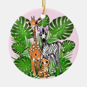 Ornamento De Cerâmica Diversão Amigos Safari giraffe zebra folhas de tig