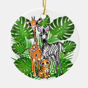 Ornamento De Cerâmica Diversão Amigos Safari giraffe zebra folhas de tig