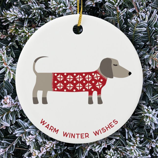 Ornamento De Cerâmica Diversão Dachshund Dog (Ceramic ornament featuring festive Dachshund Sausage Wiener Dog in red and white knitwear)