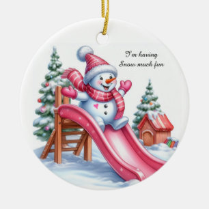 Ornamento De Cerâmica Diversão Deliciosa do Boneco de Neve Cor-de-Rosa