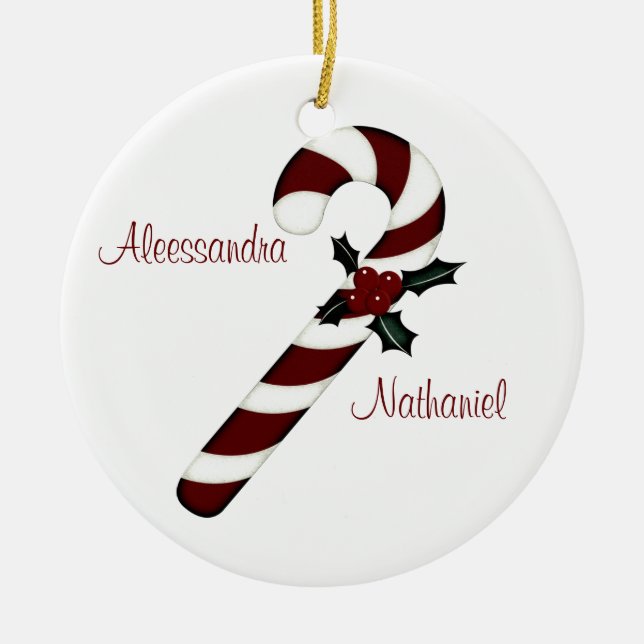 Ornamento De Cerâmica Do "bastão vermelho/branco do primeiro Natal (Frente)