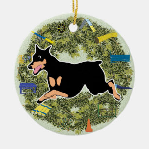 Ornamento De Cerâmica Doberman da agilidade da grinalda do Xmas