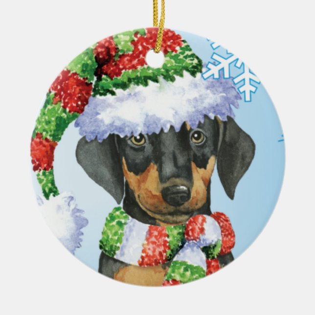 Ornamento De Cerâmica Doberman feliz de Howliday (Frente)