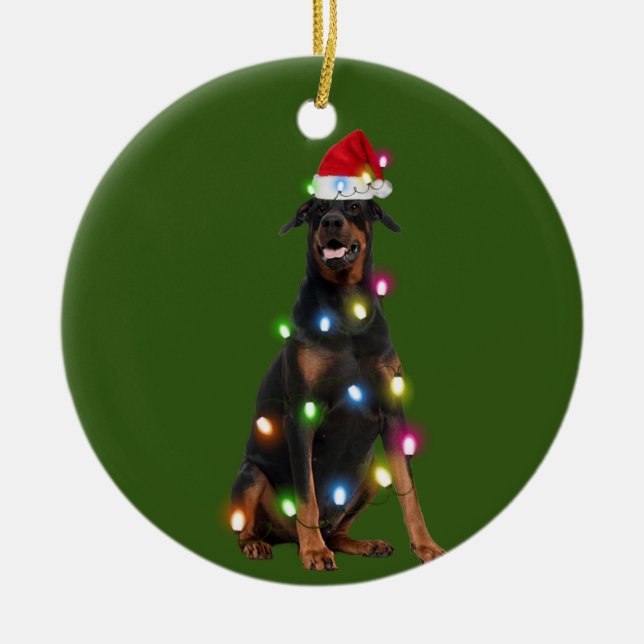 Ornamento De Cerâmica Doberman Pinscher Com Scafés De Natal (Frente)