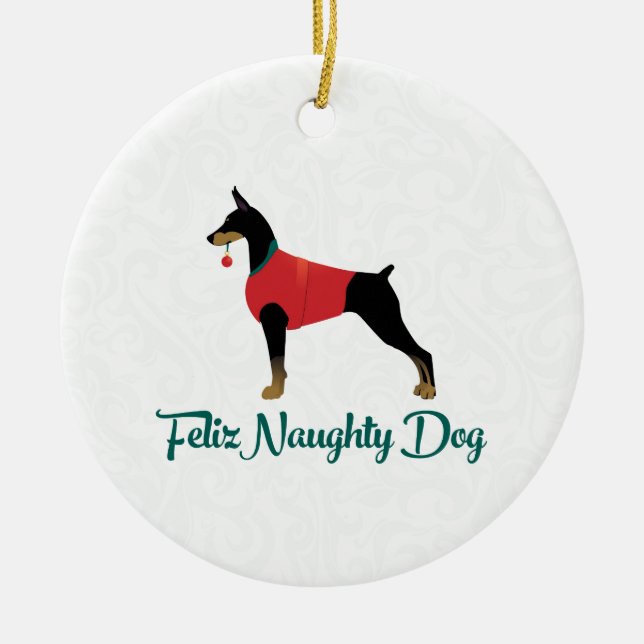 Ornamento De Cerâmica Doberman Pinscher Feliz Naughn Christmas (Frente)