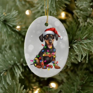 Ornamento De Cerâmica Doberman Pinscher Puppy em Luzes de Natal