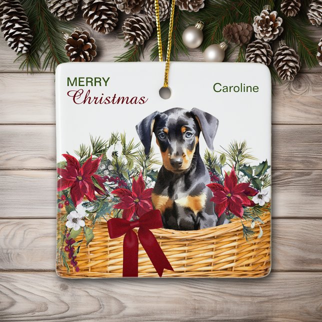 Ornamento De Cerâmica Doberman Pinscher Puppy Poinsettia Foliday Basket (Criador carregado)