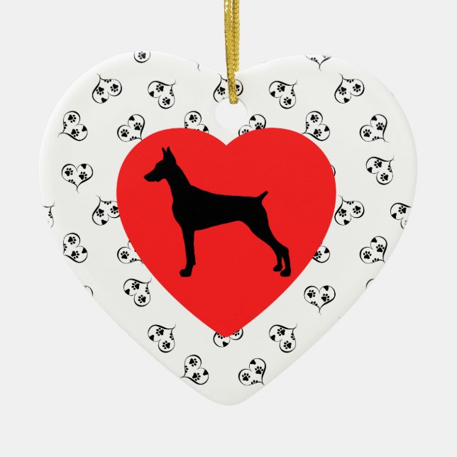 Ornamento De Cerâmica Doberman Pinscher Silhouette com Corações (Frente)