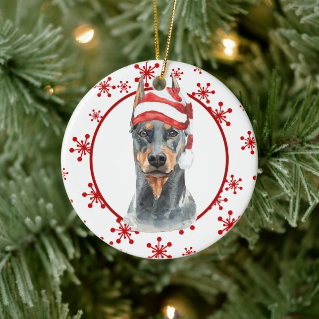 Ornamento De Cerâmica Doberman Santa Hat Red Snowflake Modelo (Árvore)