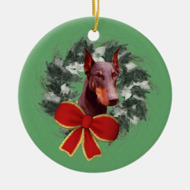 Ornamento De Cerâmica Doberman Wreath Holiday Dog Ornament (Frente)