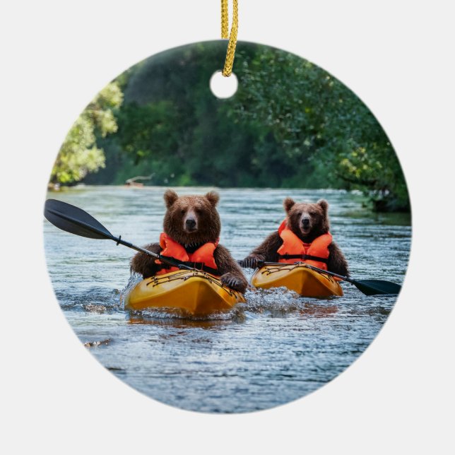 Ornamento De Cerâmica Dois Bears Kayaking (Frente)