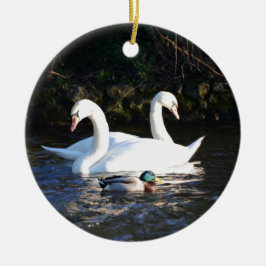 Ornamento De Cerâmica Dois Cisnes E Um Pato