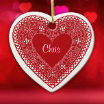 Ornamento De Cerâmica Dois Corações Vintage Lace<br><div class="desc">Corações galeram por Dia de os namorados! Personalize os nomes de cada lado. Mostre seu grande e belo coração romântico com este design de renda vintage.</div>