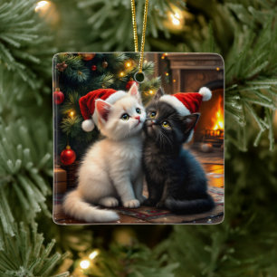 Ornamento De Cerâmica Dois gatinhos de Natal fofos com chapéus de Papai