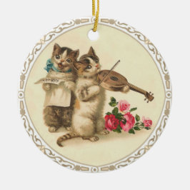 Ornamento De Cerâmica Dois gatinhos musicais cantam e jogam o violino