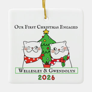 Ornamento De Cerâmica Dois Gatos Primeiro Natal Engajados