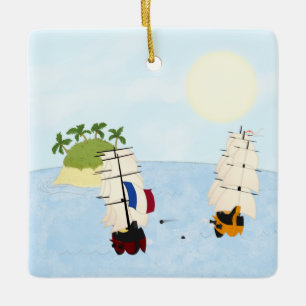 Ornamento De Cerâmica Dois navios na batalha perto da ilha tropical