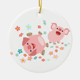 Ornamento De Cerâmica Dois Porcos de Cartoon em Primavera