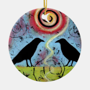Ornamento De Cerâmica Dois Ravens Sentados e Refletem Whimsical