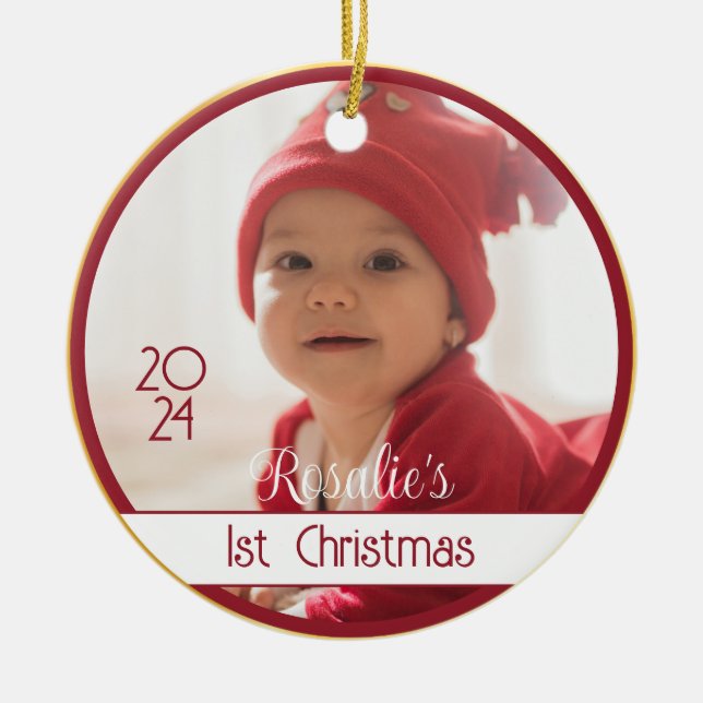 Ornamento De Cerâmica Dois Sided Red Dourado Baby's First Christmas Orna (Frente)
