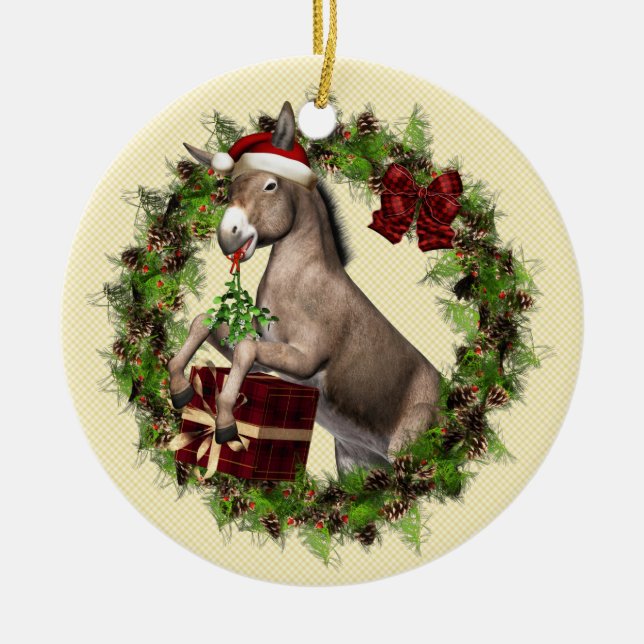 Ornamento De Cerâmica Donkey Vestindo Santa Hat em Wreath Round Ornament (Frente)